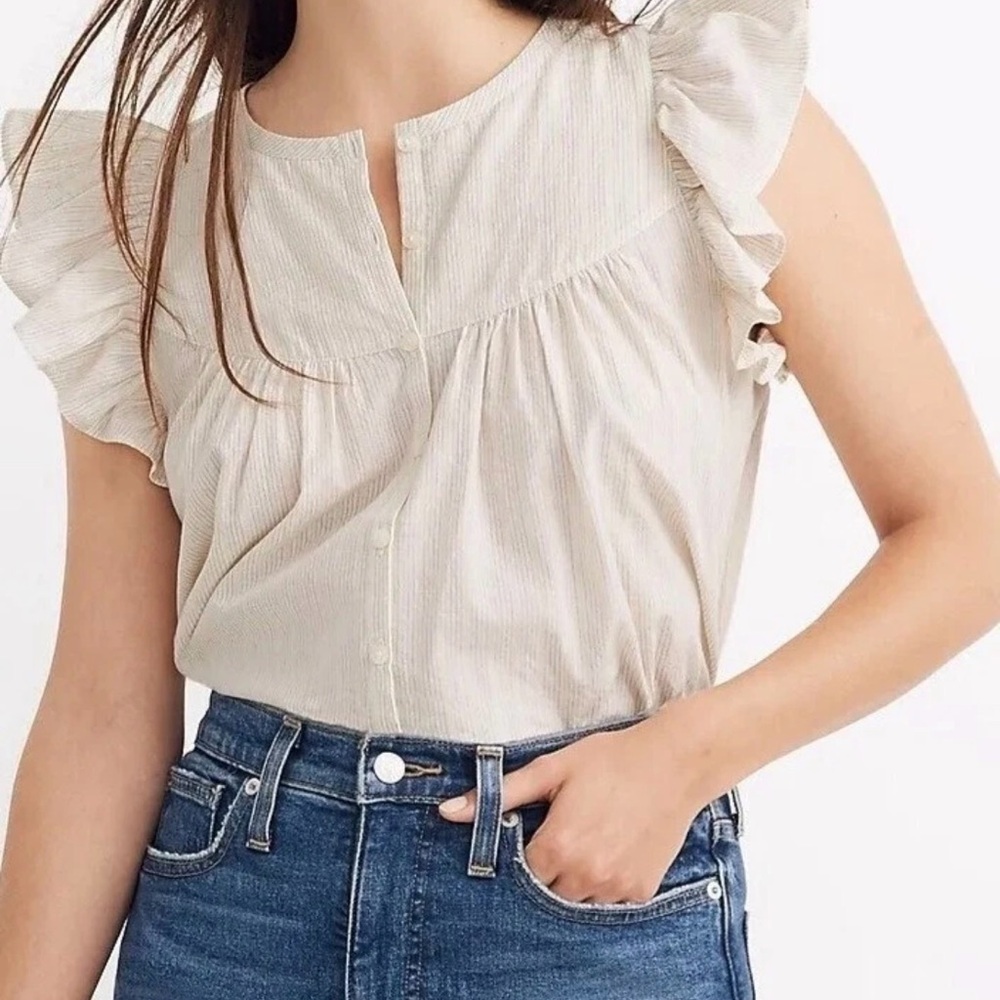 Madewell Ruffle-Sleeve Bib Cotton Metallic Stripe Top M